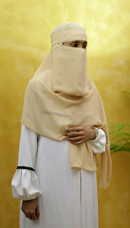 Hijab cum Niqab – Classic Beige | Slip-On Modest Headscarf with Attached Niqab