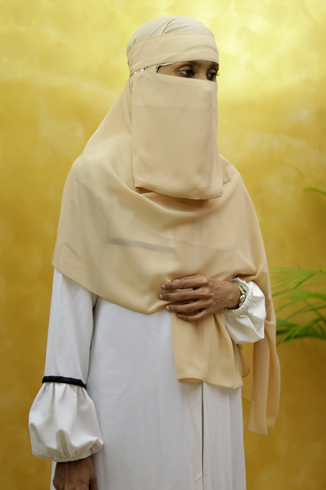 Hijab cum Niqab – Classic Beige | Slip-On Modest Headscarf with Attached Niqab