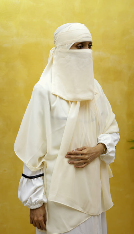 Hijab cum Niqab – Elegant Off White | Slip-On Modest Shawl with Niqab