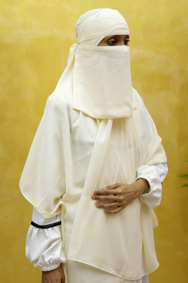 Hijab cum Niqab – Elegant Off White | Slip-On Modest Shawl with Niqab