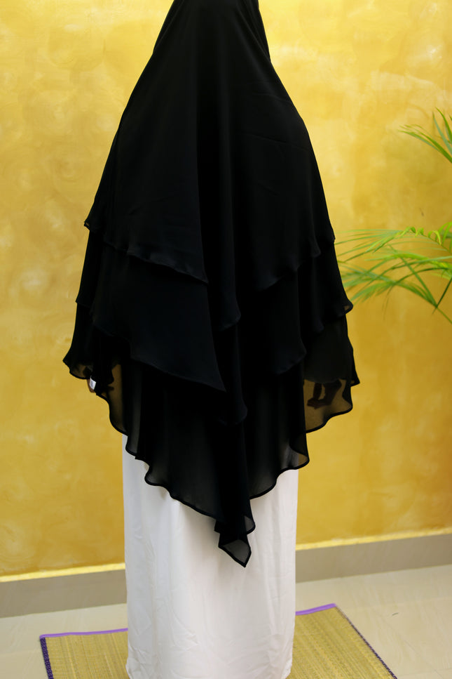 Black Triple‑Layer Wool‑Soft Korean Chiffon Khimar