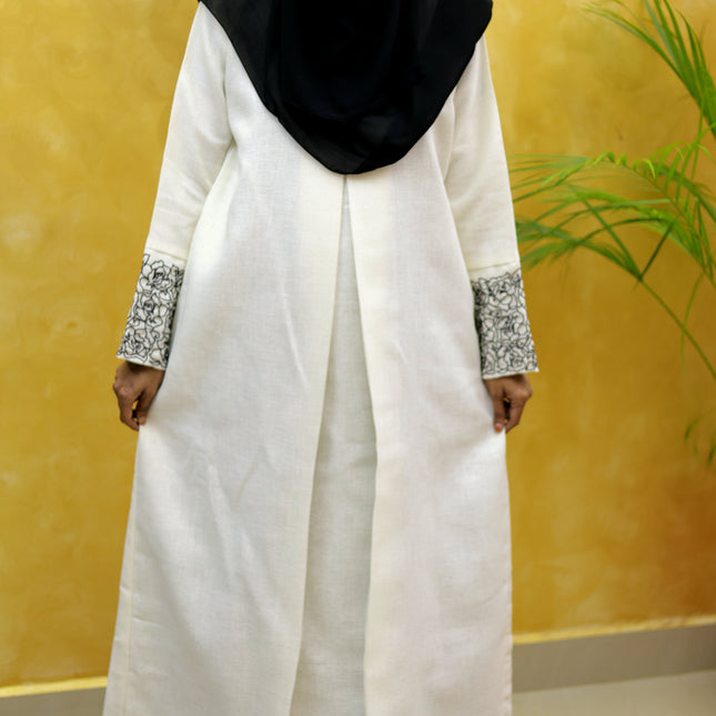 Neutral Floral Embroidered A‑Line Linen Abaya