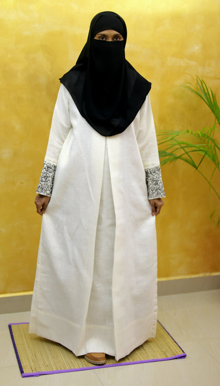 Neutral Floral Embroidered A‑Line Linen Abaya