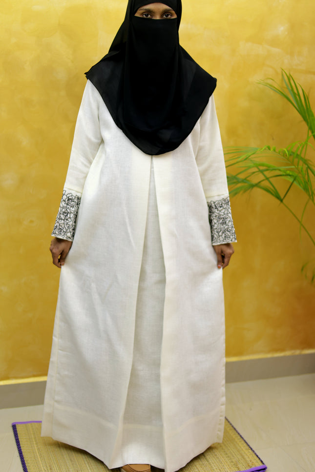 Neutral Floral Embroidered A‑Line Linen Abaya