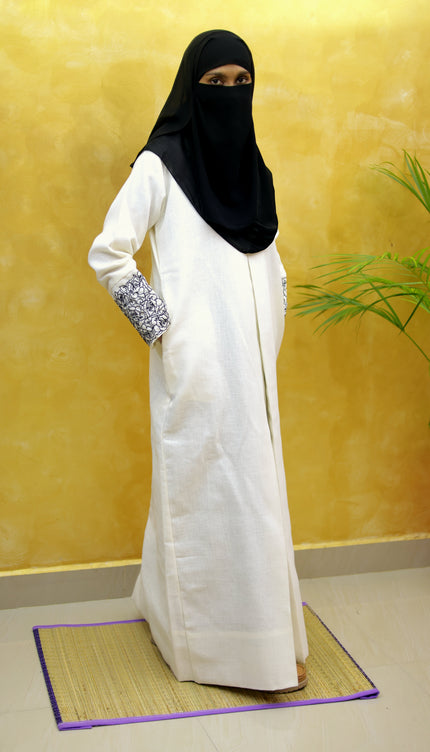 Neutral Floral Embroidered A‑Line Linen Abaya