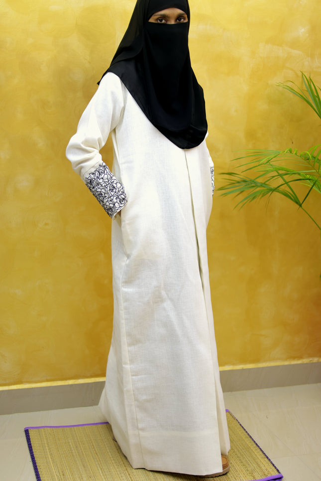 Neutral Floral Embroidered A‑Line Linen Abaya