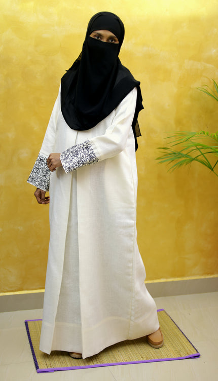 Neutral Floral Embroidered A‑Line Linen Abaya