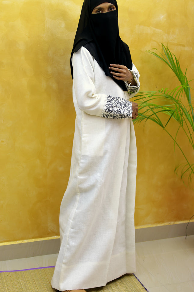 Neutral Floral Embroidered A‑Line Linen Abaya
