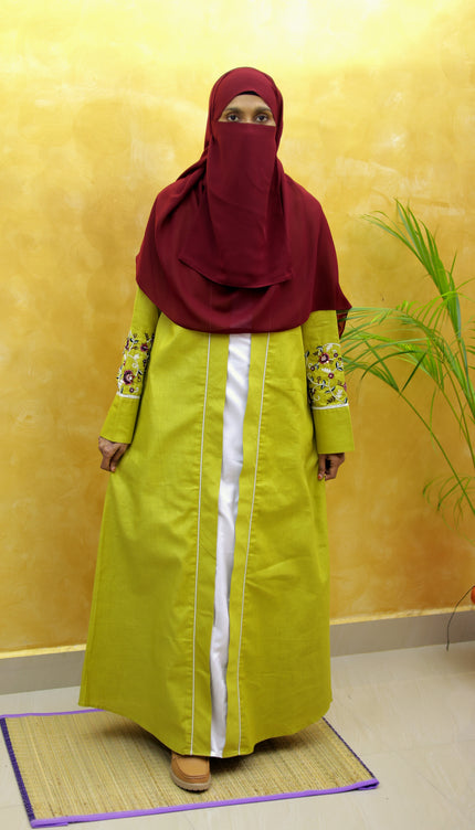 Mustard Flower Embroidered Linen Abaya