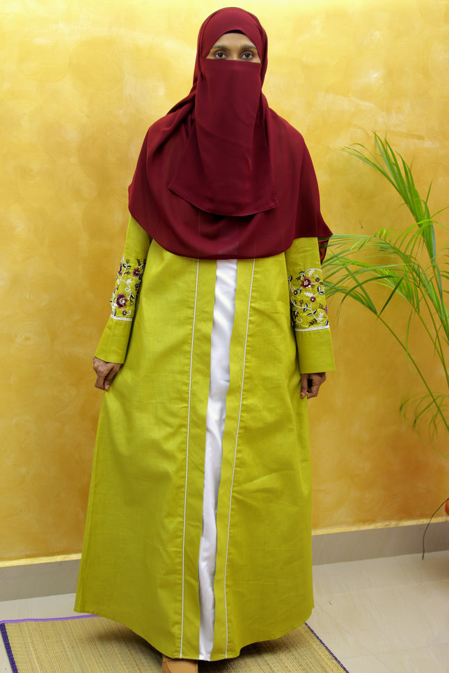Mustard Flower Embroidered Linen Abaya