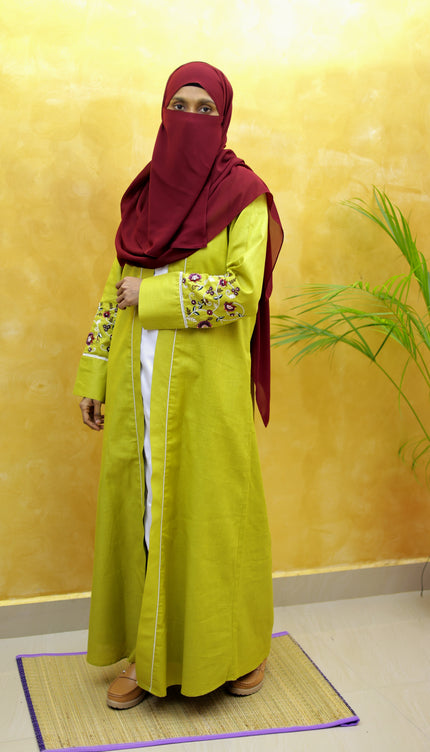 Mustard Flower Embroidered Linen Abaya