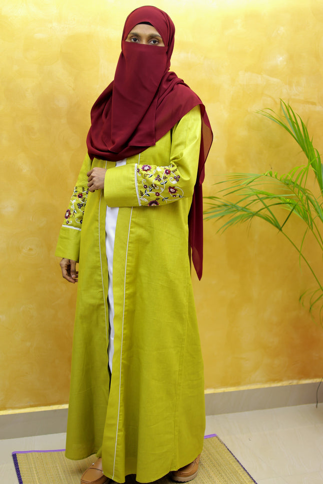 Mustard Flower Embroidered Linen Abaya