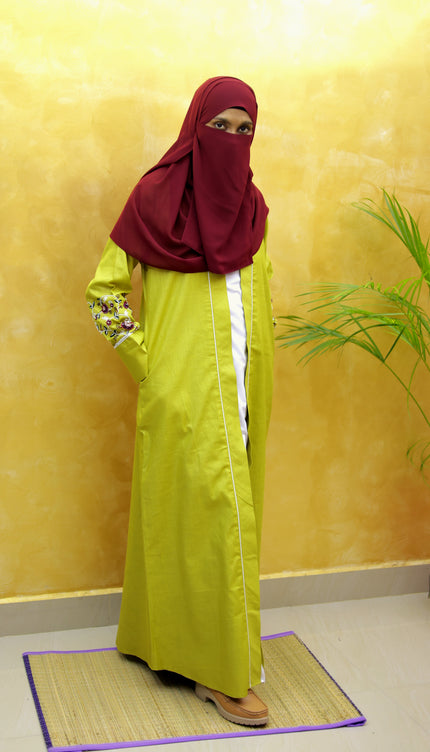 Mustard Flower Embroidered Linen Abaya