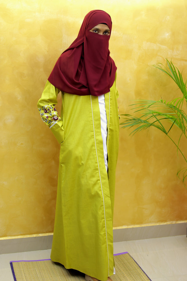 Mustard Flower Embroidered Linen Abaya