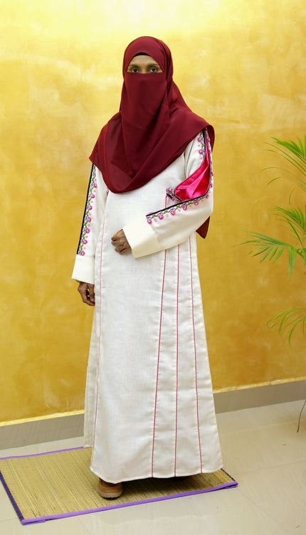 White & Pink Heavy Embroidery Linen Abaya