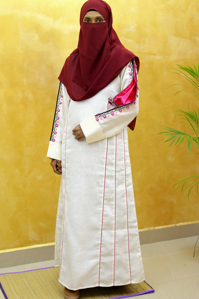 White & Pink Heavy Embroidery Linen Abaya