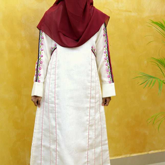 White & Pink Heavy Embroidery Linen Abaya