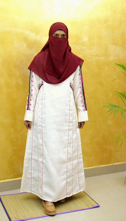 White & Pink Heavy Embroidery Linen Abaya