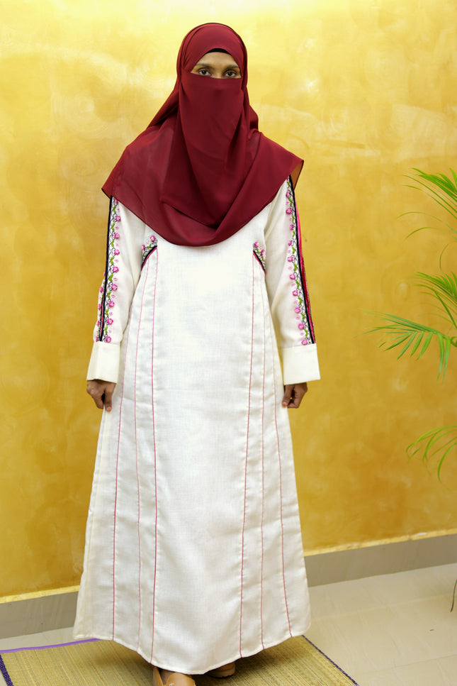 White & Pink Heavy Embroidery Linen Abaya