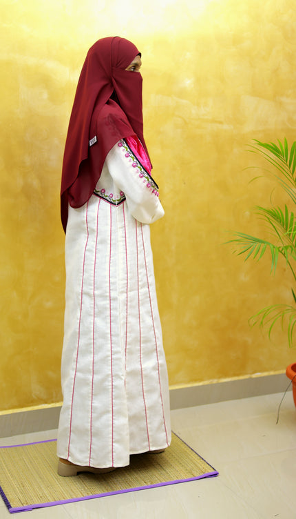 White & Pink Heavy Embroidery Linen Abaya