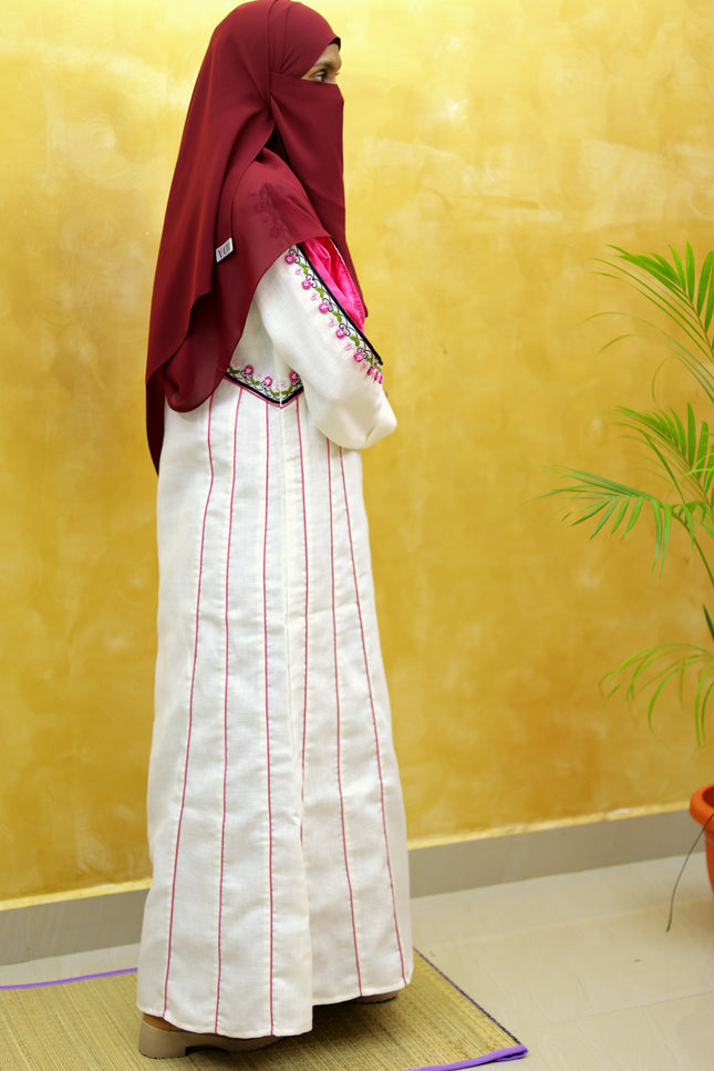 White & Pink Heavy Embroidery Linen Abaya