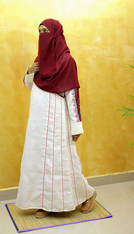 White & Pink Heavy Embroidery Linen Abaya