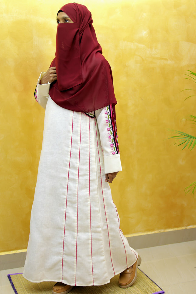 White & Pink Heavy Embroidery Linen Abaya