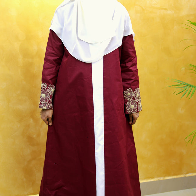 Maroon Floral Embroidered Linen Abaya