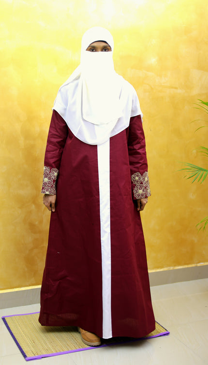 Maroon Floral Embroidered Linen Abaya