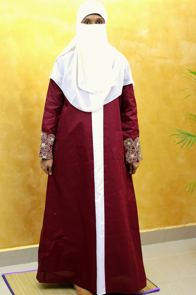 Maroon Floral Embroidered Linen Abaya
