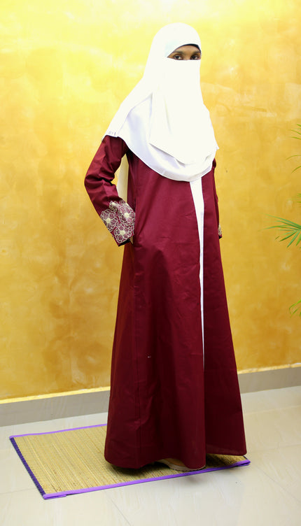 Maroon Floral Embroidered Linen Abaya