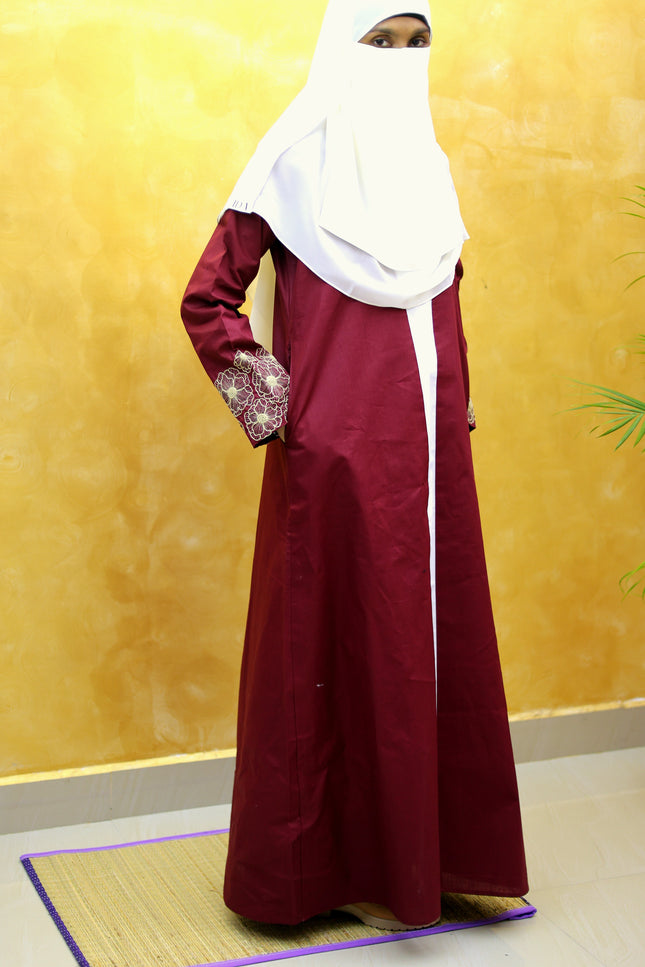 Maroon Floral Embroidered Linen Abaya