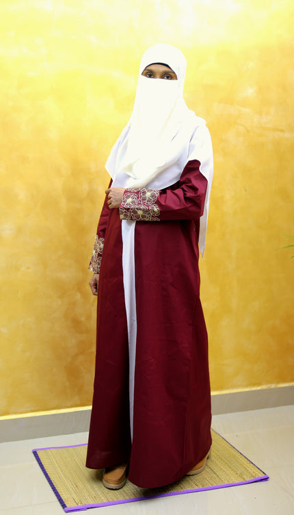 Maroon Floral Embroidered Linen Abaya