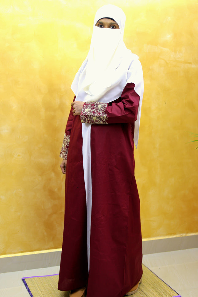 Maroon Floral Embroidered Linen Abaya