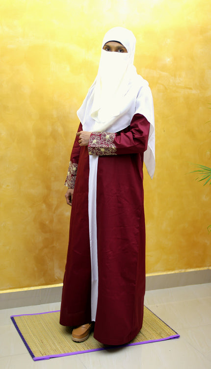 Maroon Floral Embroidered Linen Abaya