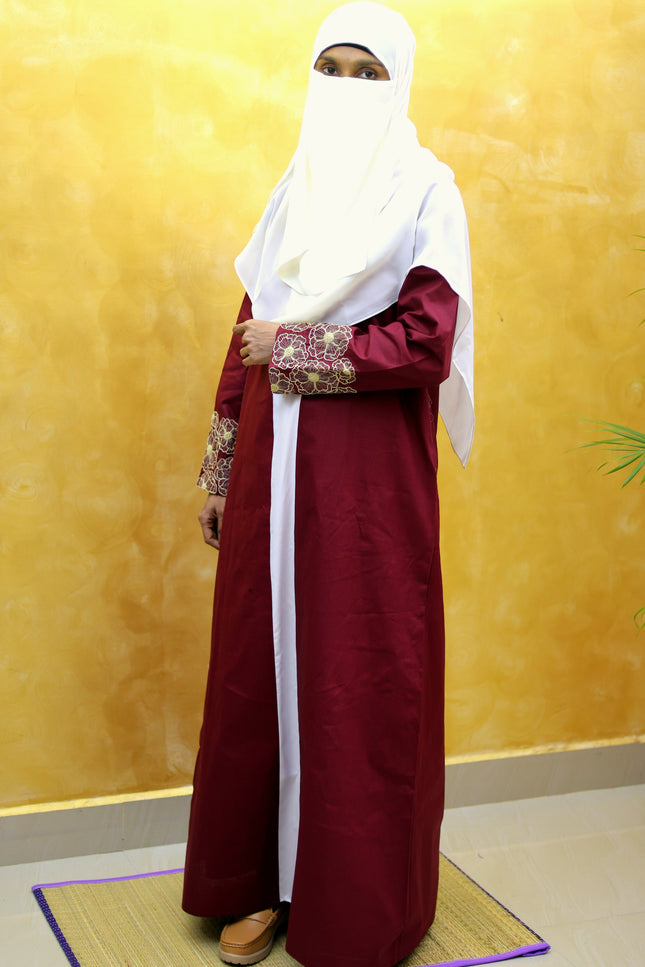 Maroon Floral Embroidered Linen Abaya