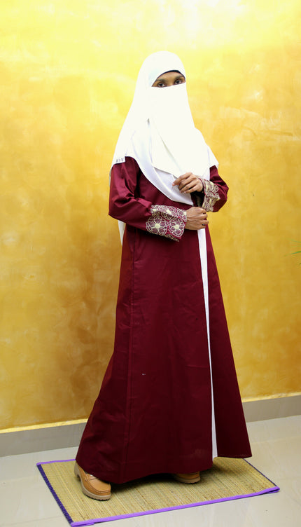 Maroon Floral Embroidered Linen Abaya