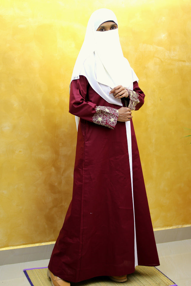 Maroon Floral Embroidered Linen Abaya