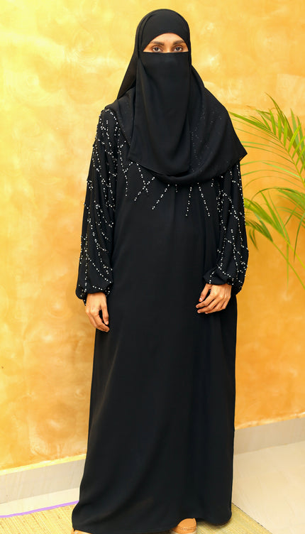Black A-Line Abaya with Abstract Embroidery| Premium Modestwear