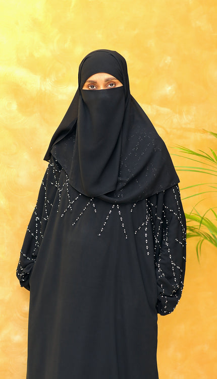 Black A-Line Abaya with Abstract Embroidery| Premium Modestwear