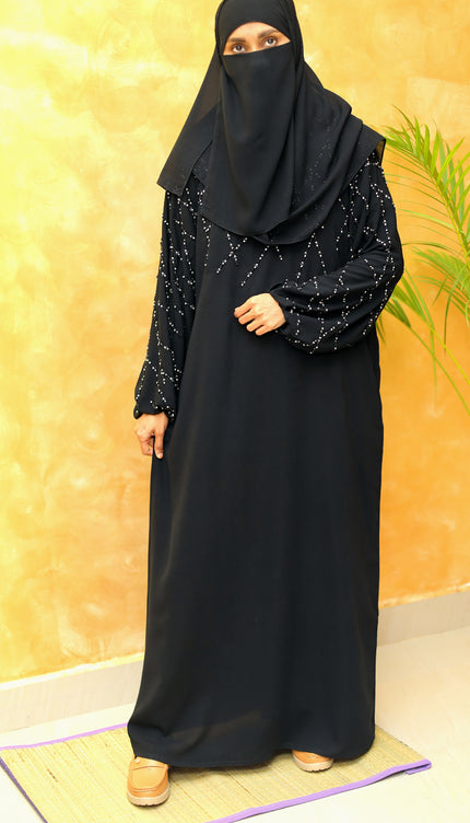 Black A-Line Abaya with Abstract Embroidery| Premium Modestwear