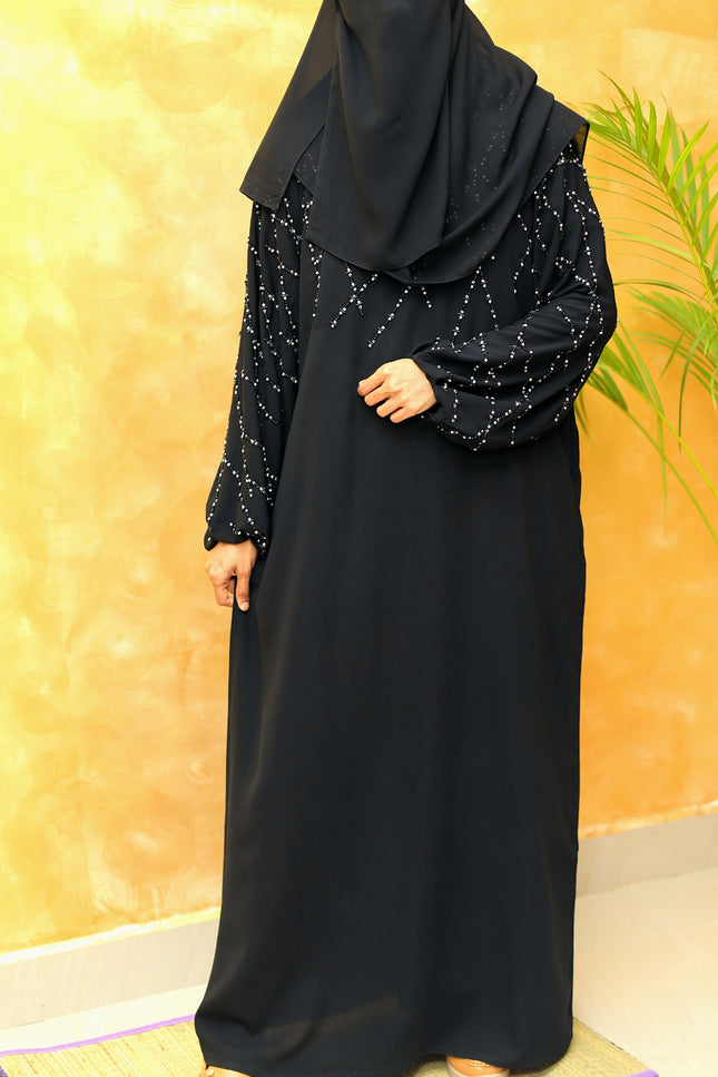 Black A-Line Abaya with Abstract Embroidery| Premium Modestwear