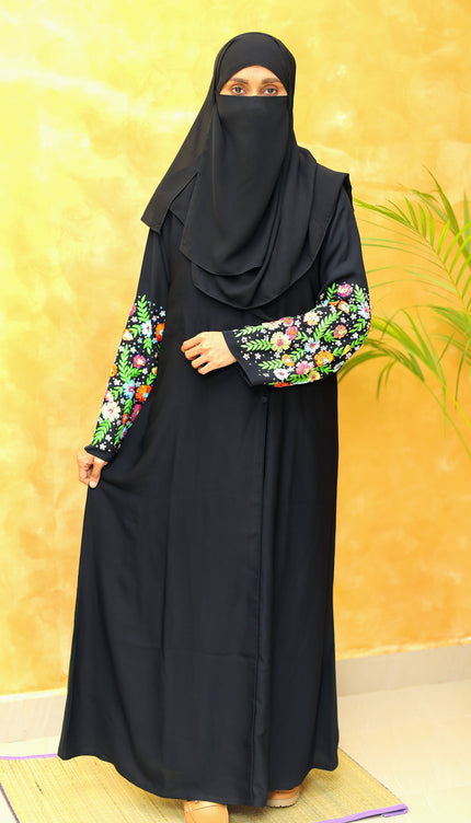 Midnight Luxe – Black Coat Style Abaya with Fancy Sleeve Embroidery | Sequins & Silk Thread Detailing | Premium Korean Nida Fabric
