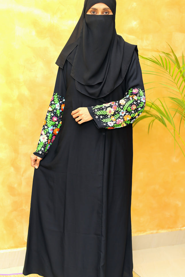 Midnight Luxe – Black Coat Style Abaya with Fancy Sleeve Embroidery | Sequins & Silk Thread Detailing | Premium Korean Nida Fabric