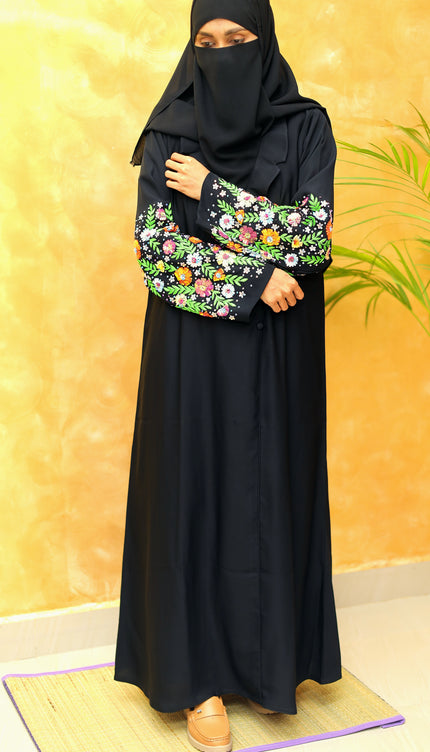 Midnight Luxe – Black Coat Style Abaya with Fancy Sleeve Embroidery | Sequins & Silk Thread Detailing | Premium Korean Nida Fabric