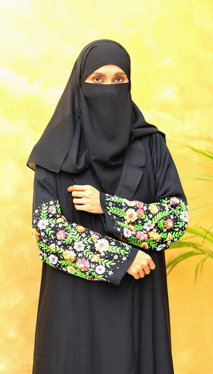 Midnight Luxe – Black Coat Style Abaya with Fancy Sleeve Embroidery | Sequins & Silk Thread Detailing | Premium Korean Nida Fabric