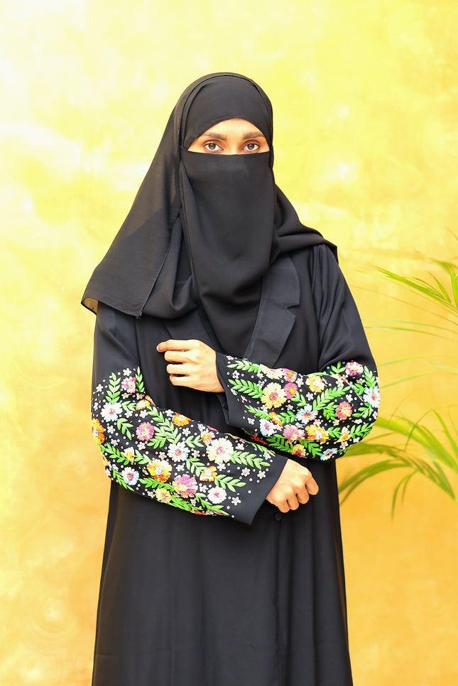 Midnight Luxe – Black Coat Style Abaya with Fancy Sleeve Embroidery | Sequins & Silk Thread Detailing | Premium Korean Nida Fabric