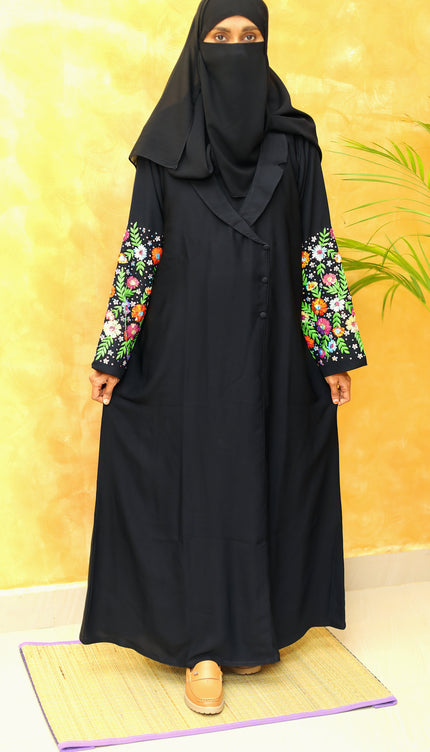 Midnight Luxe – Black Coat Style Abaya with Fancy Sleeve Embroidery | Sequins & Silk Thread Detailing | Premium Korean Nida Fabric