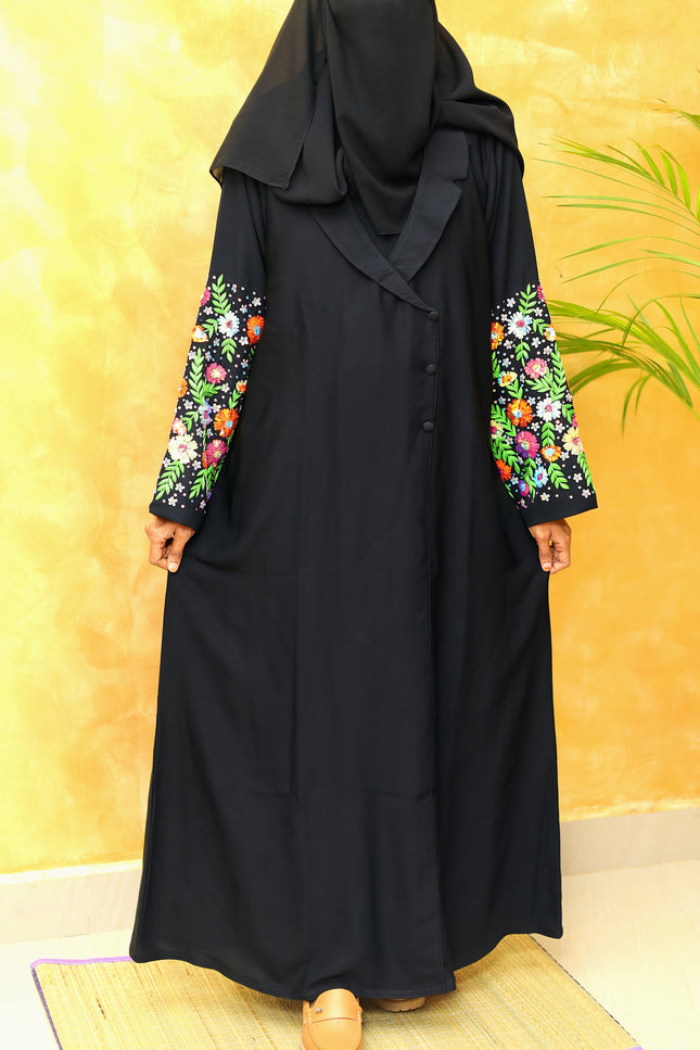 Midnight Luxe – Black Coat Style Abaya with Fancy Sleeve Embroidery | Sequins & Silk Thread Detailing | Premium Korean Nida Fabric