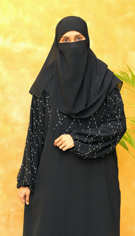 Black A-Line Abaya with Abstract Embroidery| Premium Modestwear